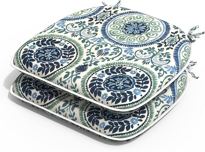 Outdoor Chair Cushions 16"x17" Set of 2, Water Resistant Patio Chair Pads with Ties, Seat Cushions for Home Garden Furniture Decoration, Celadon Wreath