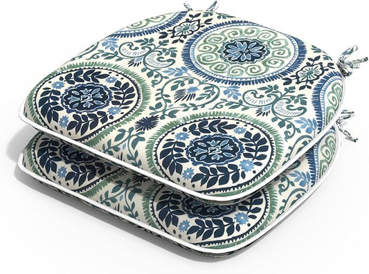 Outdoor Chair Cushions 16"x17" Set of 2, Water Resistant Patio Chair Pads with Ties, Seat Cushions for Home Garden Furniture Decoration, Celadon Wreath