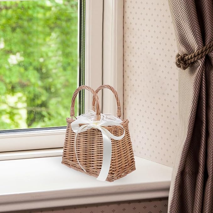 Baluue Rattan Woven Small Bag with Handle Decorative Flower Basket for Wedding Home and Garden Storage Portable Lightweight Wicker Purse 10.82X9.05X5.11 Inches
