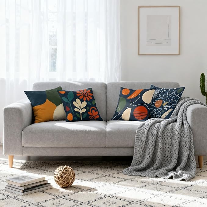 Abstract Pillow Covers 18x18 inch Set of 4, Modern Geometric Line Art Orange Green Blue Cushion Case Outdoor Sofa Throw Pillows Cover Garden Pillow Covers for Couch Living Room Bed Indoors Home Decor