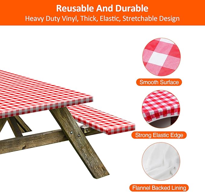 KENOBEE 7ft Picnic Table and Bench Cover, Camping Essentials RV Gear, 84 in Waterproof Windproof Outdoor Elastic All Around Tablecloth, Fitted Rectangle Tables and Seats, Red-White Checkered