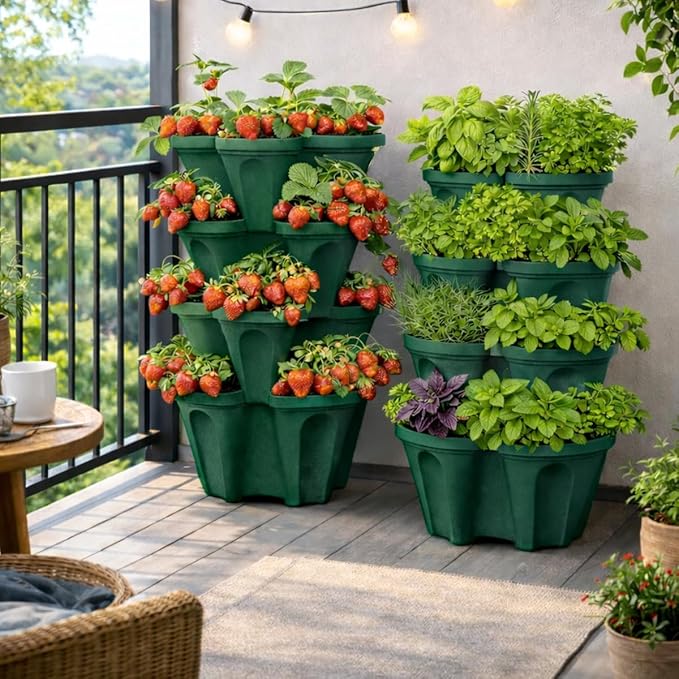 Large Vertical Planter Tower – 4 Tier Stackable Garden Planter, 28 Plant Sites, Commercial Grade Strawberry Planter, Heavy Duty Vertical Growing System with Center Support Hole (Deep Forest, Large)