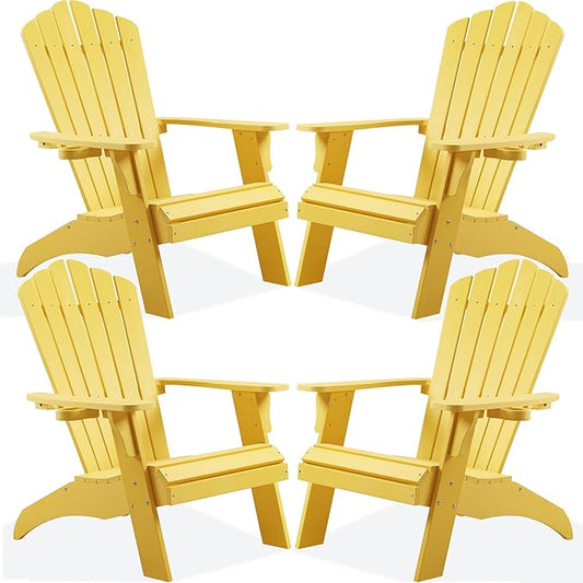 Psilvam Adirondack Chair, Oversized Poly Lumber Fire Pit Chair with Cup Holder, 350Lbs Support Patio Chairs for Garden, Weather Resistant Adirondack Chair Looks Like Real Wood (4, Yellow)