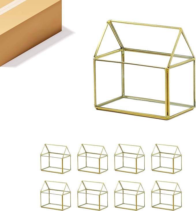 WGV Geometric Planter Terrarium Bulk, Width 6" x 3.5" Height 6" Clear Glass Gold Frame DIY Succulent air Plant Miniature Fairy Garden Windowsill Tabletop Decor, House 8 Pieces