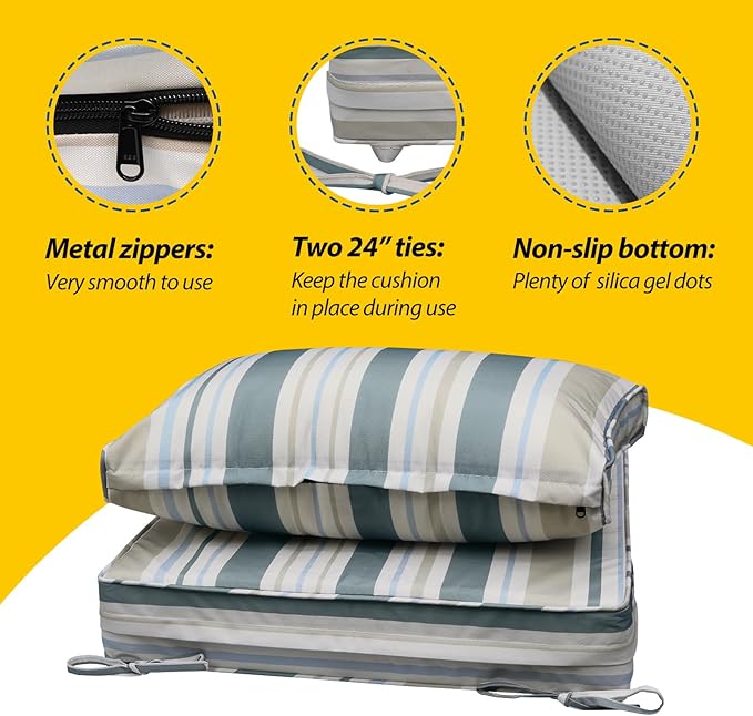 AAAAAcessories Outdoor Seat Cushions for Chairs, Fade-Resistant, Waterproof Patio Furniture Replacement Cushions, 25.5" x 25.5" x 5" + 25.5" x 13.5", Set of 2, Slate Gray Blue Coastal Stripe