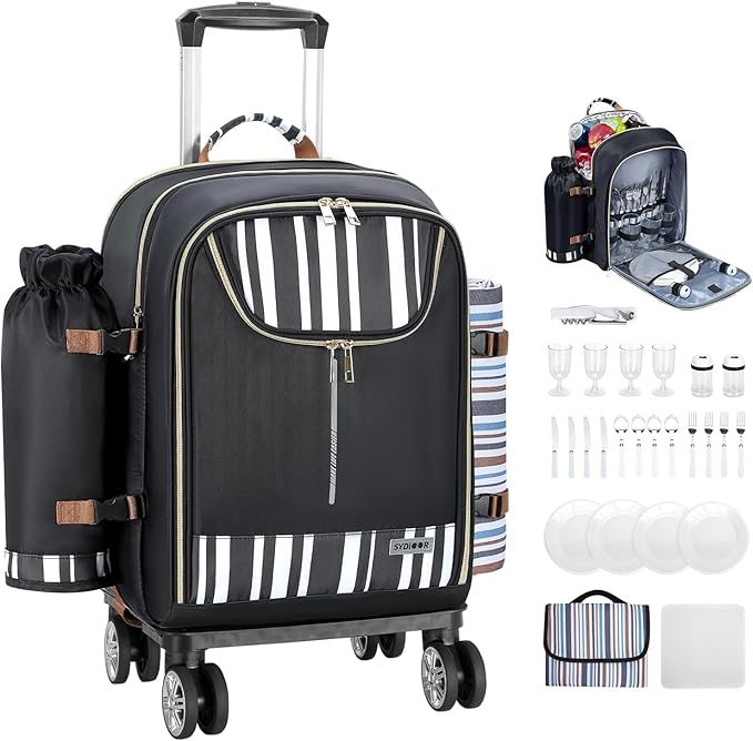 Trolley Picnic Backpack for 4 Person - Blanket & Tableware Set, Detachable Wine Pouch - Ideal for Beach, BBQ, Camping, Trip, Park, Gifts for Friends, Adventures, Patio, Lawn, Garden