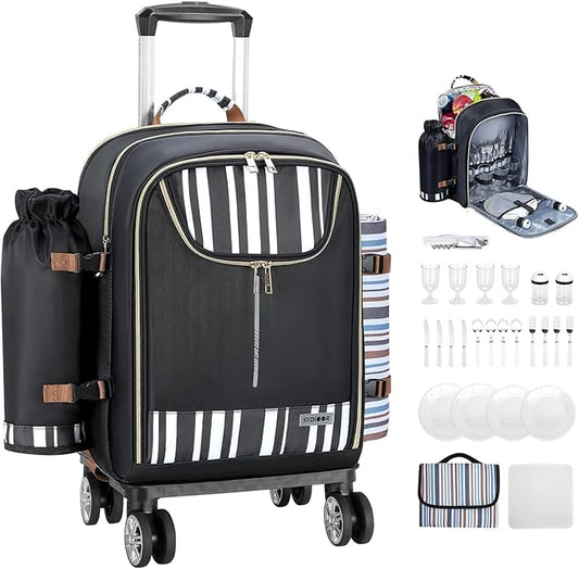 Trolley Picnic Backpack for 4 Person - Blanket & Tableware Set, Detachable Wine Pouch - Ideal for Beach, BBQ, Camping, Trip, Park, Gifts for Friends, Adventures, Patio, Lawn, Garden