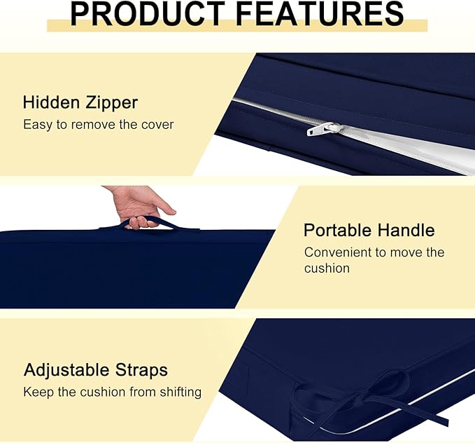 downluxe Waterproof Outdoor Chair Cushions for Patio Furniture, 24" x 24" x 4" Patio Chair Cushion with Adjustable Ties & Portable Handle, Square Outdoor Cushion with Removable Cover, Navy, 2 Pack