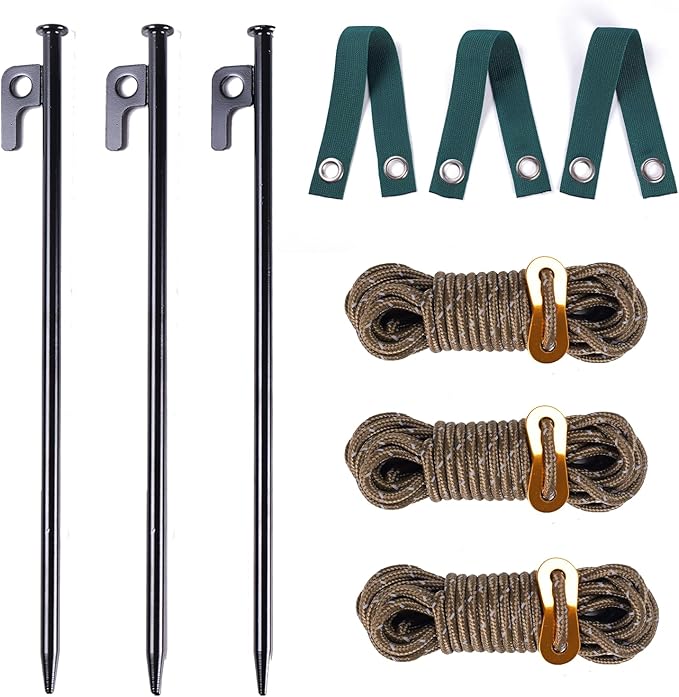 Tree Support Stake Kit with 11.8 Inch Steel Stakes, 13.12 Feet Rope, Straps for Young Trees, Anti-Wind Protection, 3-Piece Set (11.8 Inch 3 Stakes)