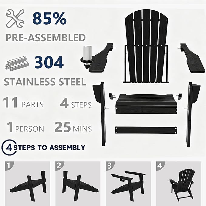 Folding Adirondack Outdoor Chairs HDPE Plastic Chair All Weather Cup Holder Black for Deck Backyard Patio Outdoor Garden