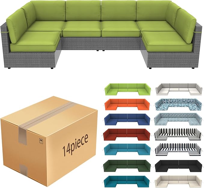 14 Pcs Outdoor Replacement Cushions for Patio Furniture, All Weather Water Resistant Cushion for 6 Seat Rattan Wicker Sectional Patio Conversation Sets and Couch (Light Green)