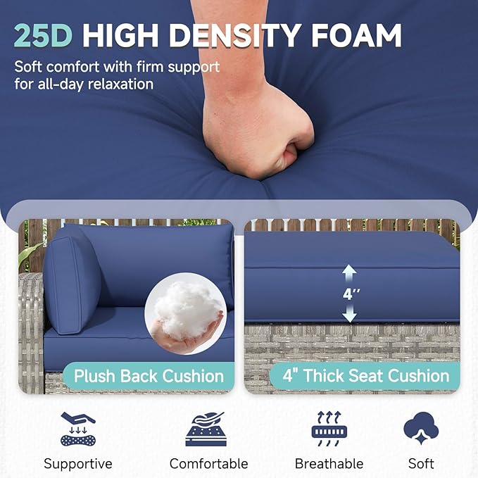HOMREST Outdoor Replacement Cushions for Patio Furniture,Water-Repellent Sofa Cushion for 4-Seat Rattan Wicker Sectional Patio Conversation Sets,9-Piece Cushions Set for Outdoor Couch,Navy Blue