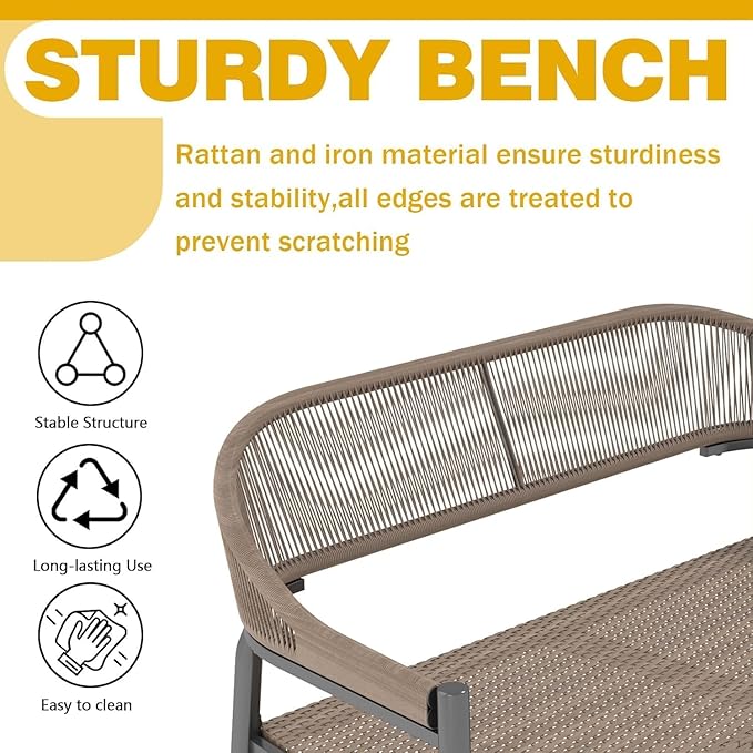 Outdoor Loveseat Bench,46.8 Inches Wicker Frame Patio Bench, All Weather Outdoor Bench with Rattan Backrest Armrests and Metal Legs for Lawn, Front Porch, Park, Yard