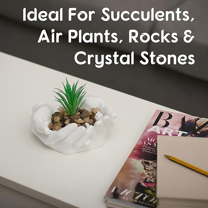 Hand Shaped Succulent Planter Pot - Crystal Holder Display - Air Plant Holder Hand Planter - Giving Hands Sculpture Decor - Key Bowl Ring Dish Trinket Dish Candy Dish - Candle Holder (White)