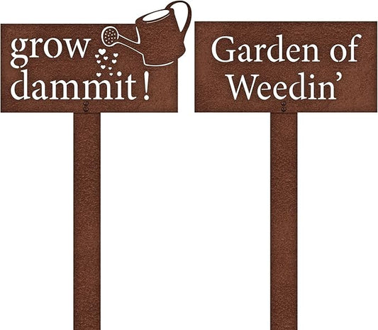 Shimeyao 2 Pcs Christmas Rustic Grow Dammit Garden Sign and Garden of Weedin' Sign Stake Funny Gardening Gifts Outdoor Metal Vegetable Gardening Decor for Men Women Mom Dad Gardener, 18.5" H