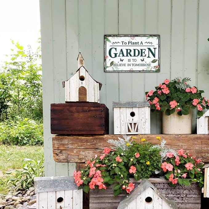 YOYI ART Gardening Sign for Outside - To Plant A Garden is To Believe Tomorrow, Vintage Metal Tin Signs for Patio, Garden, Farmhouse, Porch Wall Decor Art, Gifts for Women Planter, 12 x 8 inch