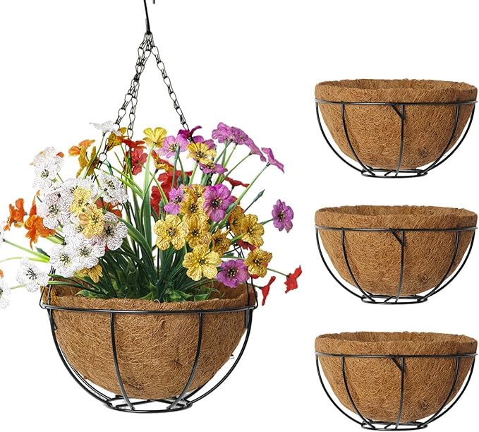 LX7 3-Pack Hanging & Wall-Mounted Plant Baskets with Natural Coconut Fiber Liner, Decorative Planters for Home Garden Patio Yard (3Pack FlatHanger, 10Inch)