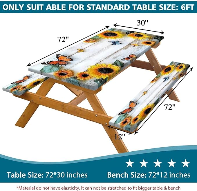 Picnic Table Cover with Bench Cover, Outdoor Patio Camping Essentials Farmhouse Sunflower Table Covers with Elastic Waterproof Camping Tablecloth with Drawstring Bag, 60In 3PCS