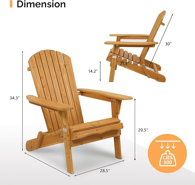 VINGLI Folding Adirondack Chairs Set of 4, Wood Adirondack Chair for Outdoor, Foldable Fire Pit Chairs for Patio, BBQ, Porch, Yard, Pool