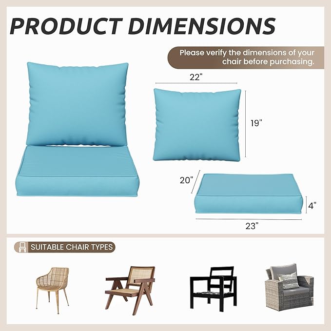 Amopatio Outdoor Chair Cushions 22.5"× 20.3" × 4", Set of 4 with Removable Cover, Waterproof & Fade Resistant seat Cushions for Patio Furniture, Sky Blue