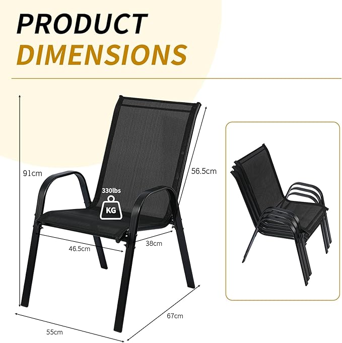 Stackable Outdoor Patio Dining Chairs with Backrest/Armrests for Lawn Garden Balcony Deck Camping-Set of 2 Or 4 (4, Black)