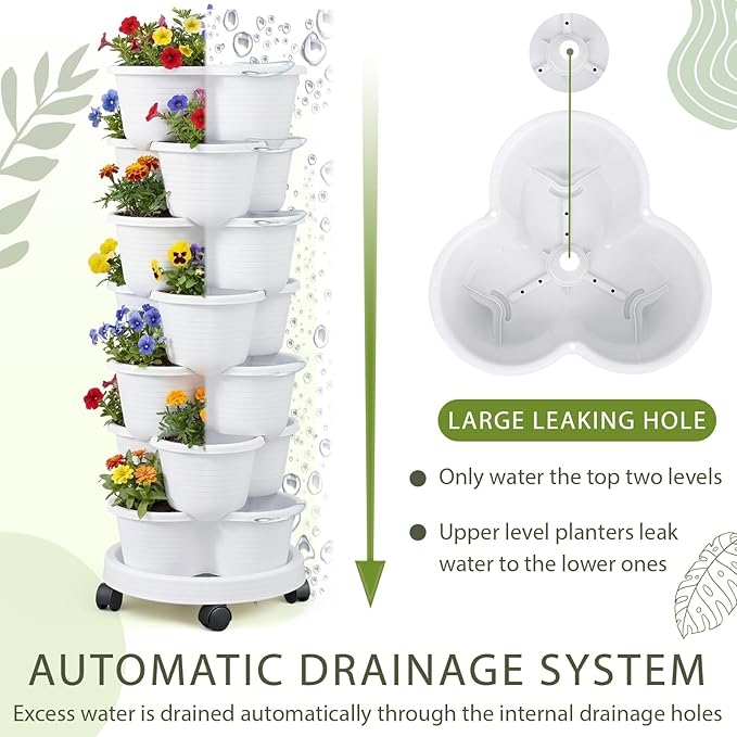 Umigy 2 Set of 7 Tier Stackable Vertical Planters with Removable Wheels and Tools Tower Planters Strawberry Herb Flower Vegetable Pots Indoor Outdoor Gardening Pots(White)