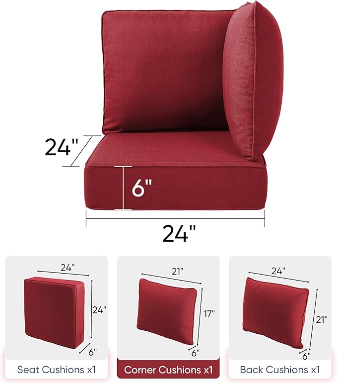 Luxury 24x24x6 Outdoor Corner Cushion 1 Set - Water-Repellent 3-Piece Cushion Set with Zipper for Outside Rattan Wicker Sofa Loveseat Chair Sectional Patio Conversation Sets - Red/Classic