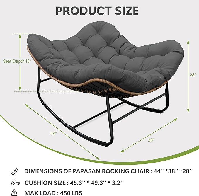 Patio Rocking Chair, Oversized Papasan Rocking Chair with Cushion and Frame for Indoor& Outdoor, Deep Seat Egg-Shaped Rocker Chair for Garden, Deck, Living Room, Grey