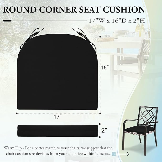 Wellsin Outdoor Chair Cushions for Patio Furniture - Patio Chair Cushions Set of 6 - Water Resistant Round Corner Outdoor Seat Cushions 17"X16"X2", Black