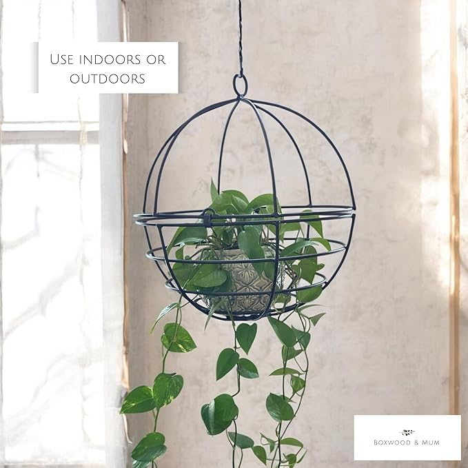 Large Wrought Iron Hanging Globe Planter – Amish Handmade Metal Sphere Plant Hanger for Indoor Outdoor Use – Clamshell Basket Style – Rustic Black Garden Patio Decor for Flowers, Ferns, Lanterns