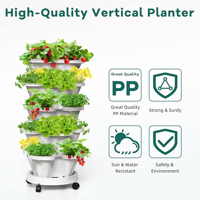Strawberry Vertical Planters, 3 Tiered Stacking Tower Garden, Stackable Herb Vegetable Planters with Movable Casters and Bottom Saucer Indoor and Outdoor - White