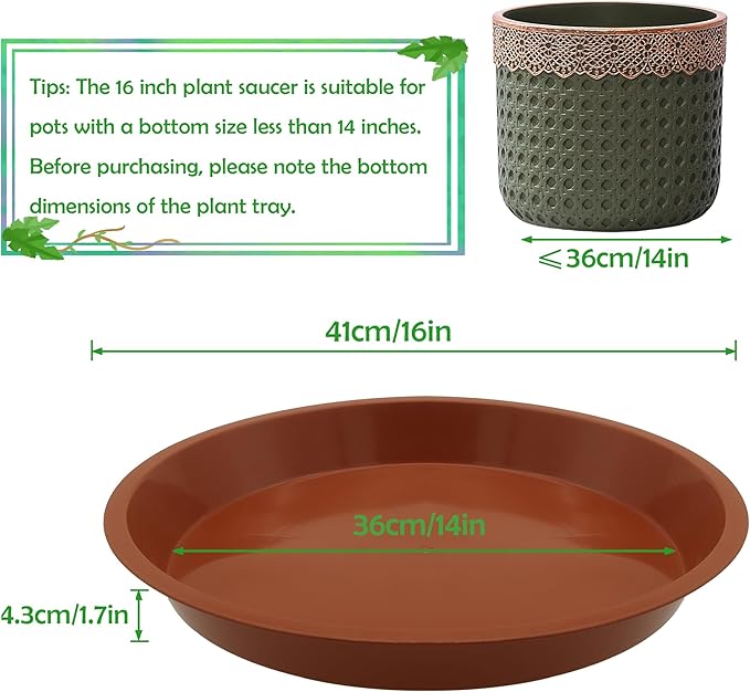 8 Pack 16 Inch Round Plant Saucers for Less 14 Inch Pot Indoors Outdoors Plant Trays for Pots Planter Saucer Plastic Drip Tray Planter Water Tray(Terracotta, 16"(8pcs))