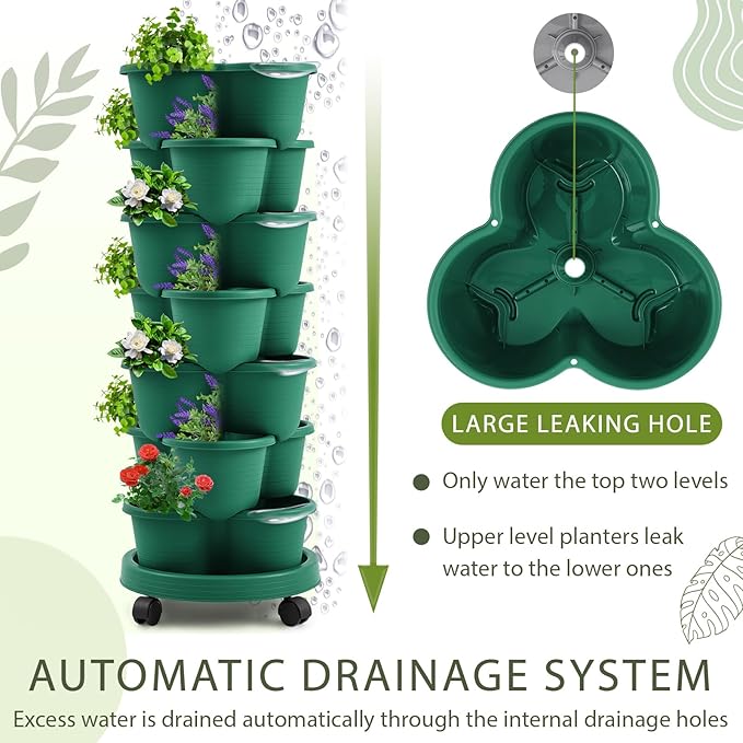 Umigy 2 Set of 7 Tier Stackable Vertical Planters with Removable Wheels and Tools Tower Planters Strawberry Herb Flower Vegetable Pots Indoor Outdoor Gardening Pots(Dark Green)