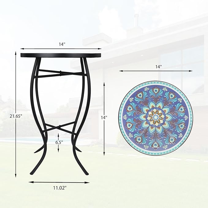 VCUTEKA Mosaic Outdoor Side Table, 14" Round Small Patio Accent Table Indoor End Table for Yard, Garden, Living Room, Bistro Balcony or Lawn
