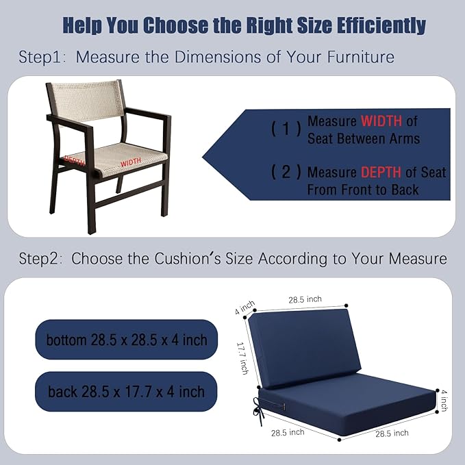 idee-home Outdoor Cushions for Patio Furniture, Outdoor Seat Cushion, Waterproof Couch Hampton Bay Deep Seat Replacement Chair Cushions for Garden Lawn Deck Backyard, 28.5 x 28.5 Navy Blue