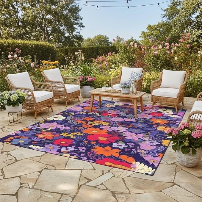 Waterproof Floral Outdoor Area Rug 2x3 Vibrant Purple Red Orange Flowers Texture Outdoor Rug for Patio Balcony Deck Garden Camping Stain Resistant Waterproof Porch Backyard Thin Outside Carpet Mat