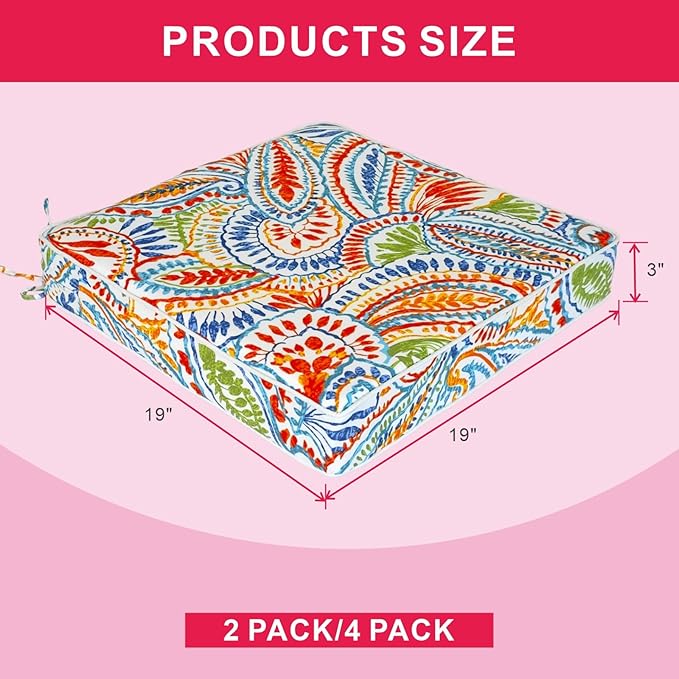 Outdoor Chair Cushions 19 x 19 Inch Set of 2 Water Resistant Seat Cushions with Ties, Outdoor Cushions for Patio Furniture with 3-Year Fade Resistant