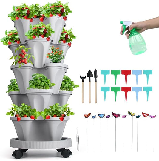 GameXcel Vertical Planter, 5 Tier Stackable Strawberry Planter with Garden Tool Set, Movable Indoor/Outdoor Garden Herb Pot for Growing Vegetables and Succulents, Gray