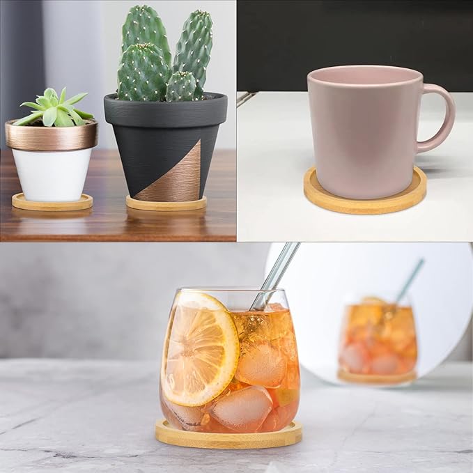 Cosmos 4 Pcs Bamboo Plant Saucer Succulent Pot Holder Drainage Tray with Raised Edge for 3.5 Inch Small Plant Flower Pots (Round Shape)