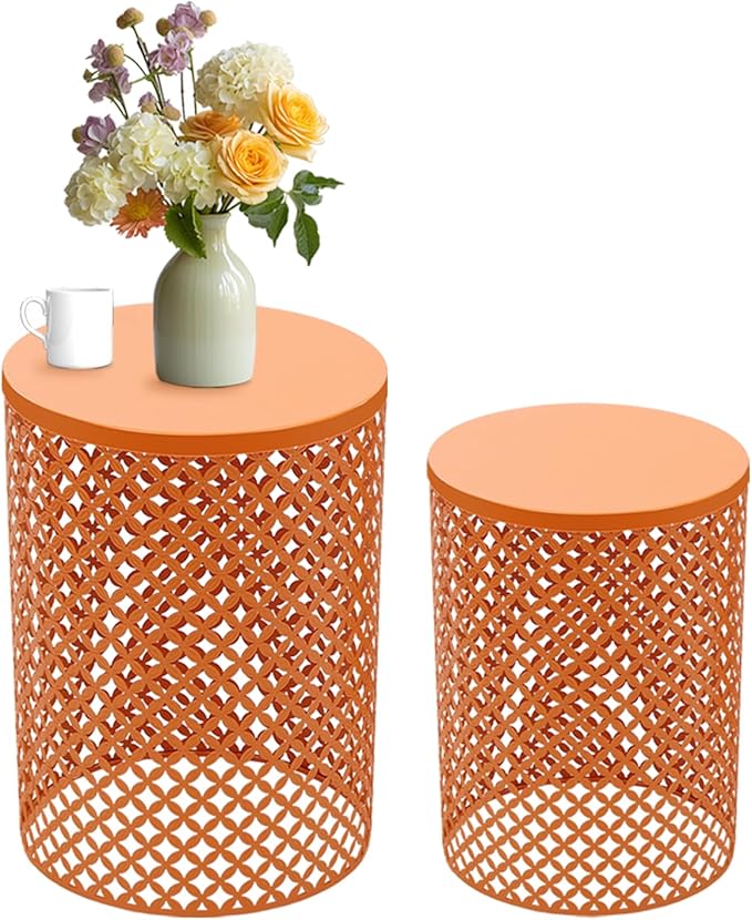 2PCS Outdoor Side Table, Heavy Duty Metal Frame Side Table Decorative Garden Stool Modern End Table Round Coffee Table for Patio Gardens Balconies Cafes (Orange)