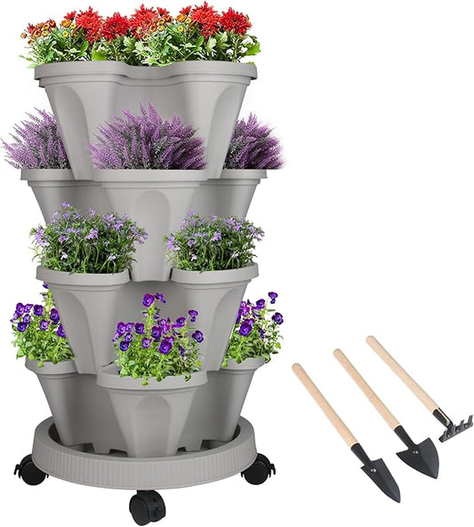 GameXcel Vertical Planter 4 Tier Stackable Planters Garden Planters Strawberry Herb Flower and Vegetable Planter Indoor Outdoor Gardening Pots with Removable Wheels and Tools