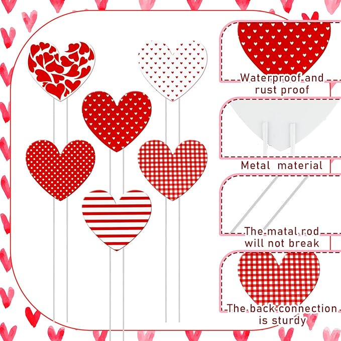 Pickmesh 6 Pcs 12" H Valentine's Day Metal Yard Stakes Heart Valentine Metal Yard Signs Barn Garden Stake for Planter Pot Walkway Pathway Outdoor Decor Lawn Decoration