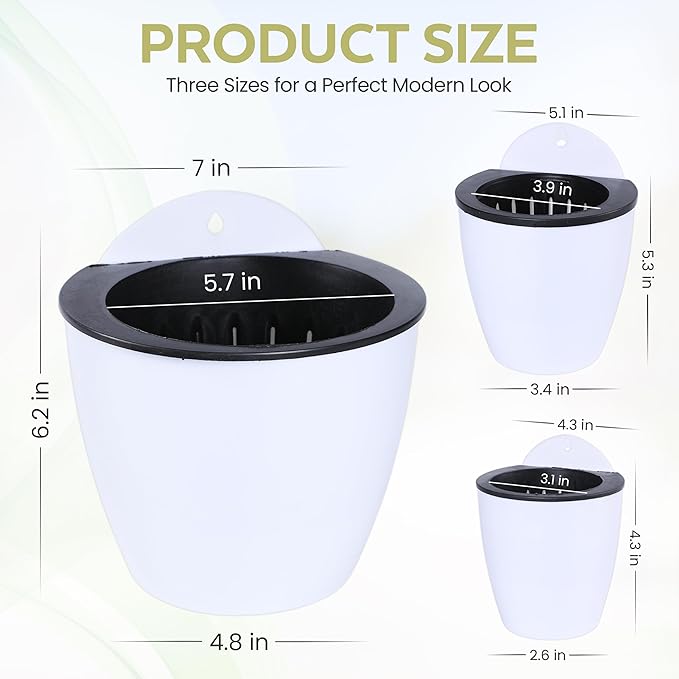Self Watering Wall Mounted Planters | Set of 3 White Indoor/Outdoor Hanging Planter with Double Layer Design & Flat Backed for Mounting | Effortless Plant Care & Stylish Wall Pots.