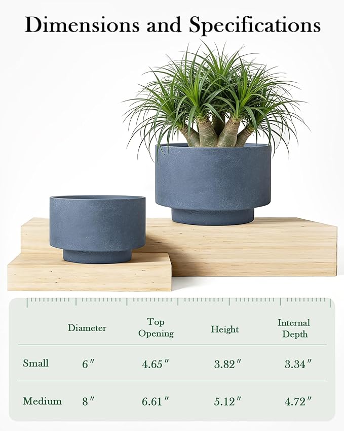 Succulent Pots, 8 Inch + 6 Inch Plant Pots for Plants with Drainage Hole, Indoor Outdoor Ceramic Planter, Set of 2 Round Flower Pots for Succulent and Plants, Blue