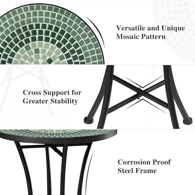 Vipush Mosaic Outdoor Side Table, 14" Round Folding Plant Stand for Patio Garden Backyard Balcony Porch Indoor Accent End Table for Living Room, Ceramic Tabletop with Black Iron, Green