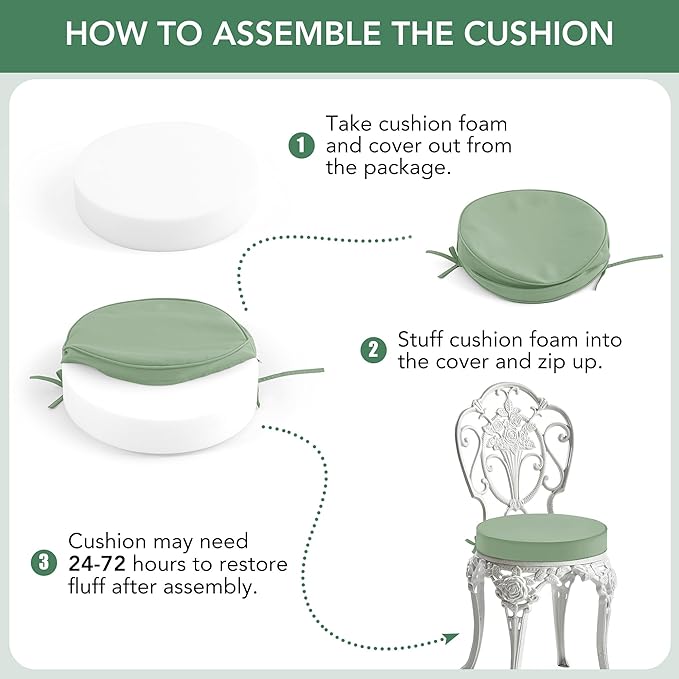 Outdoor Bistro Chair Cushions Set of 4, 15" D x 3" H Round Chair Cushions Waterproof and Fade Resistant Chair Cushion Pads with Non-Slip Ties and Removable Covers for Garden, Sage Green