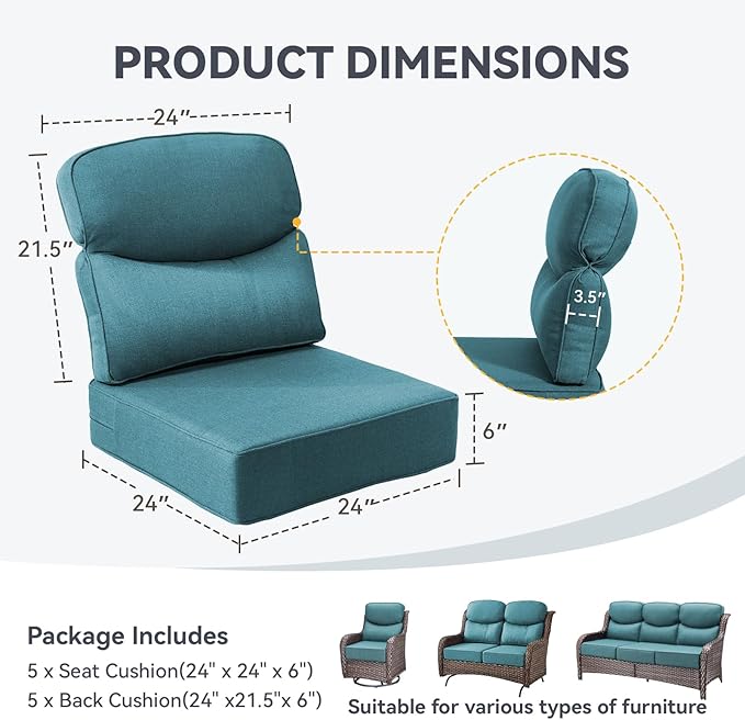 Outdoor Cushion Set for Patio Furniture, UV Resistant, Water Resistant - 6 Inch Thick Dual Layer Back Support Cushions– 24x24 Inch Patio Seat Covers for Chair/Sofa/Couch | Peacock Green | 5-Pack |