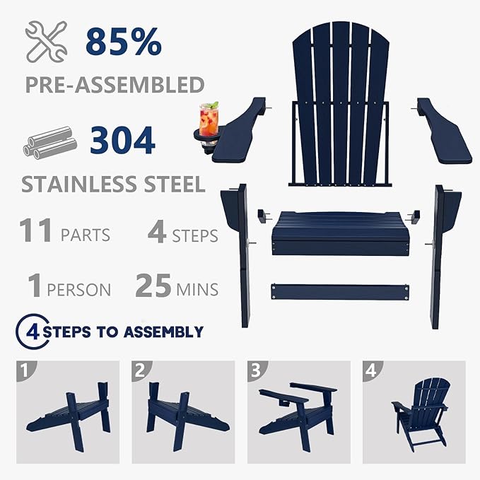 Plawdlik Folding Adirondack Chair Set of 6 with Cup Holder，Wooden Textured ，Heavy All-Weather HDPE Comfortable Set Poolside Backyard Lawn, Navy