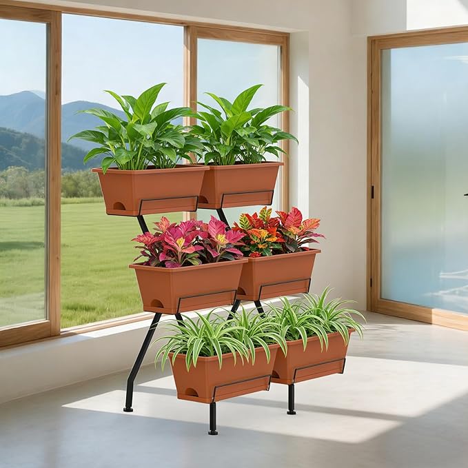 Vertical Garden Planter 3 Tier Vertical Raised Garden Bed Standing Garden Planters with 6 Container Boxes Elevated Garden Planters Indoor Outdoor Herb Planter for Flowers Vegetables Plants, Brick Red