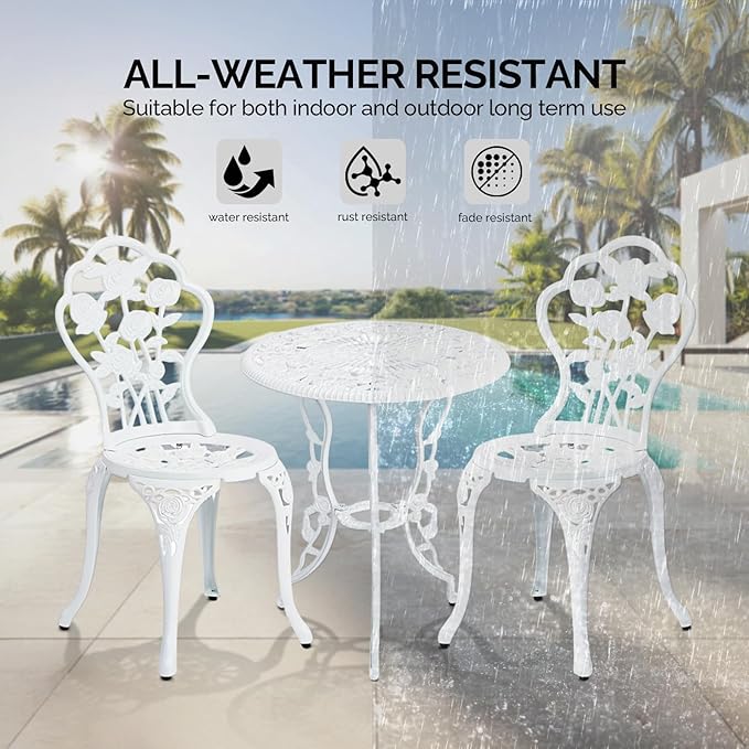 Outvita Patio Table and Chairs Set, Cast Aluminum Outdoor Cafe Table and Chairs Set of 3, Stability Patio Bistro Sets with Umbrella Hole for Garden, Patio, Balcony, Rose Pattern White